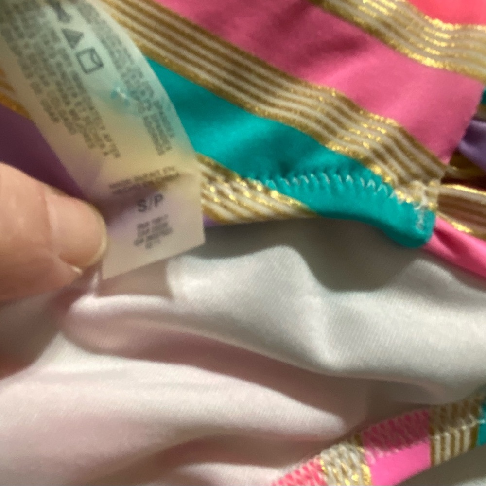Victoria’s Secret pink gold teal yellow bright striped bikini size small - Picture 2 of 4
